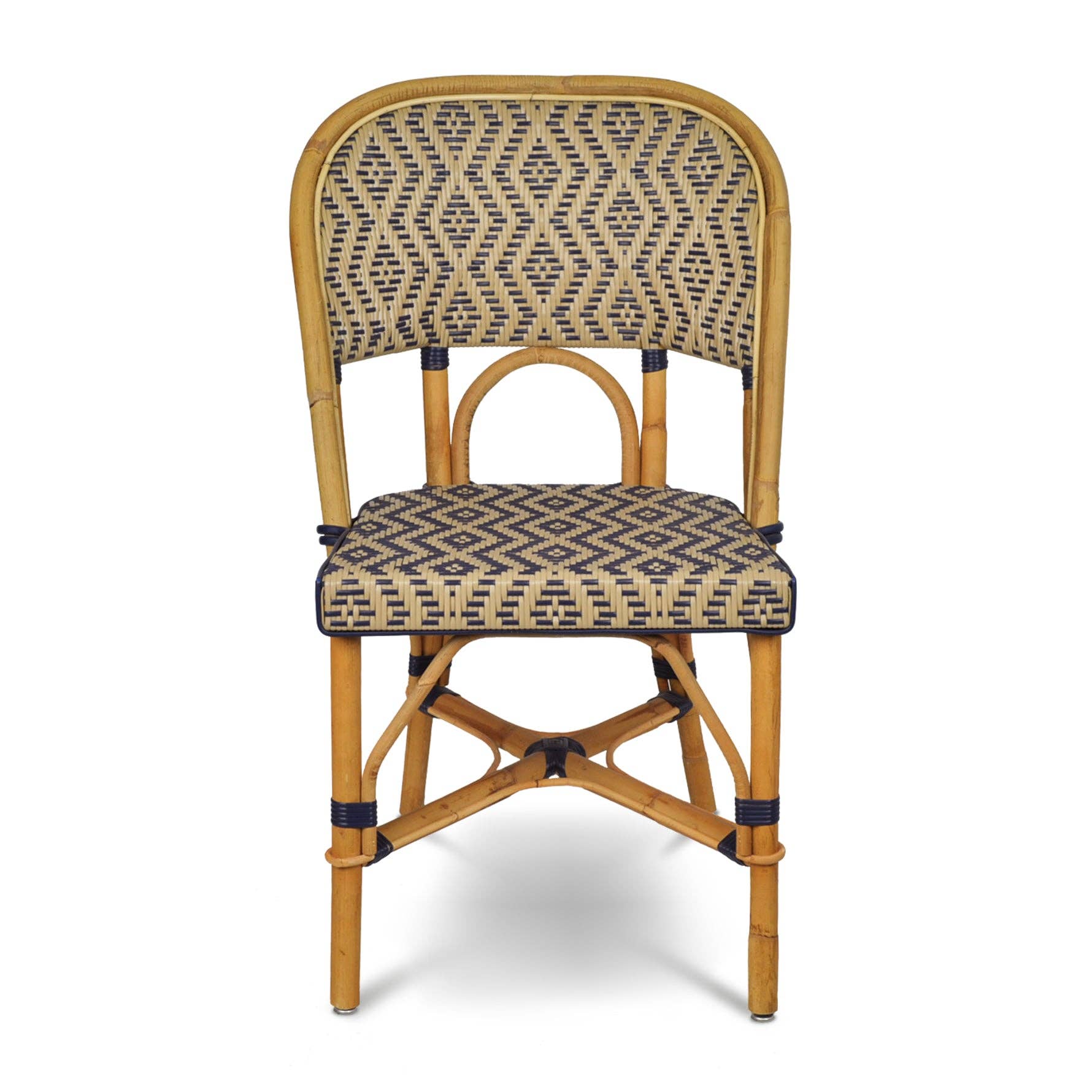 BONNECAZE - Wholesale Chair - Valence French Bistro Rattan Chair - Reverse Diamonds - Gold/Navy Blue1