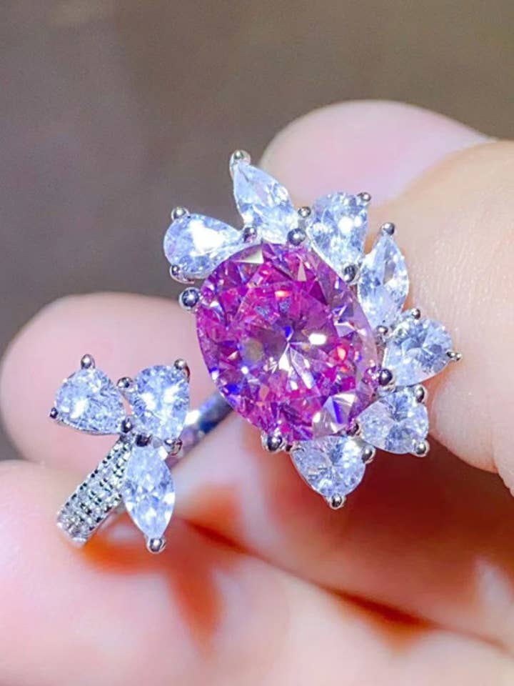 Anel aberto de platina Moissanite com corte oval rosa de 3 quilates sobre prata de lei pura por atacado de Sparkala