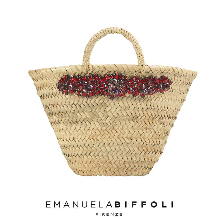BORSA PAGLIA GIOIELLO APPLICAZ.ROSSO per la vendita all'ingrosso da parte di EMANUELA BIFFOLI FIRENZE