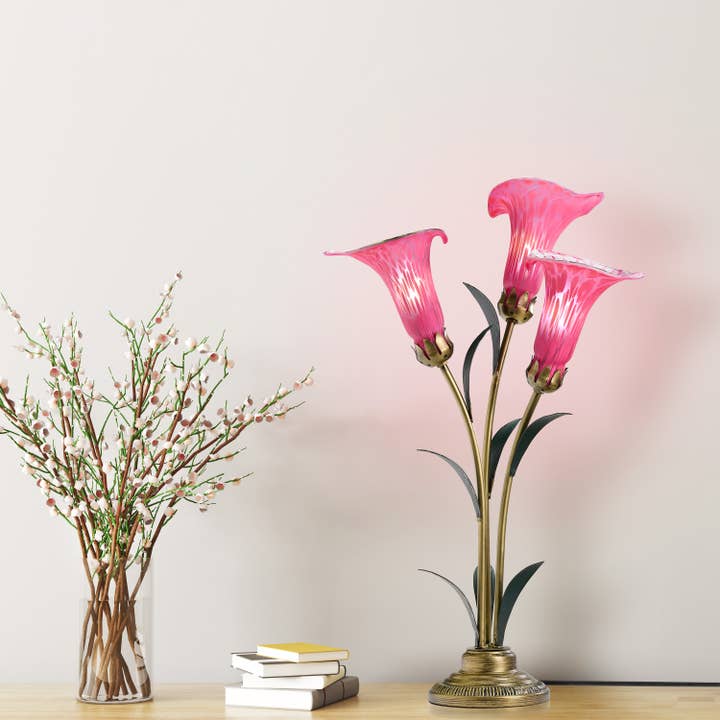 23.5"H Fuchsia 3 Shade Handblown Glass Calla Lily Table Lamp for wholesale by River of Goods