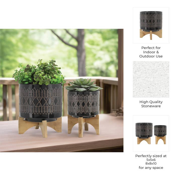 Sagebrook Home - Wholesale Plant Pot - 8/5 in. Black Ceramic Planter with Bamboo Wood Stand S/2