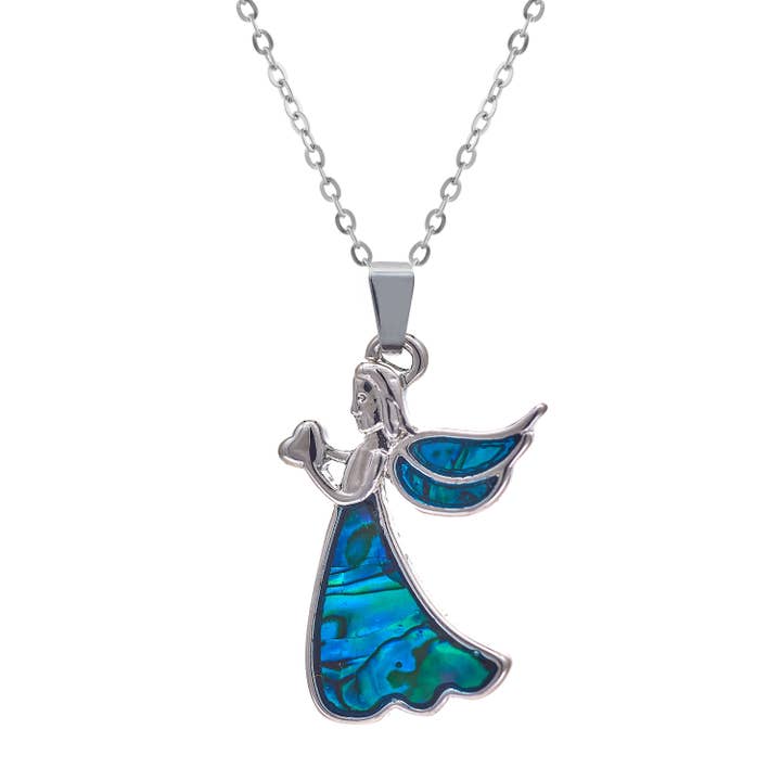 Paua Shell Gliding Angel Heart Charm/Pendant, Rhodium Plated for wholesale by Byzantium Collection Ltd