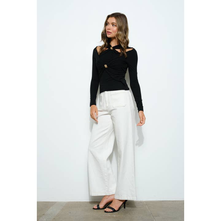 INA - Wholesale Blouse - Women's - Long Sleeve Unique Cutouts Gold Ring Accent Top