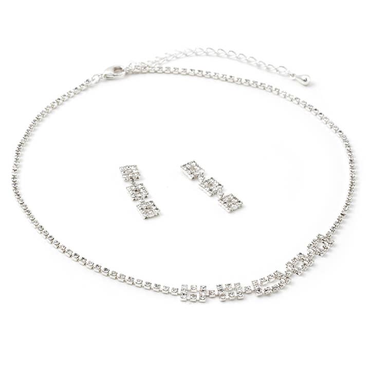 Silver Crystal Necklace & Square Diamond Earrings Set for wholesale by Cool Crystals