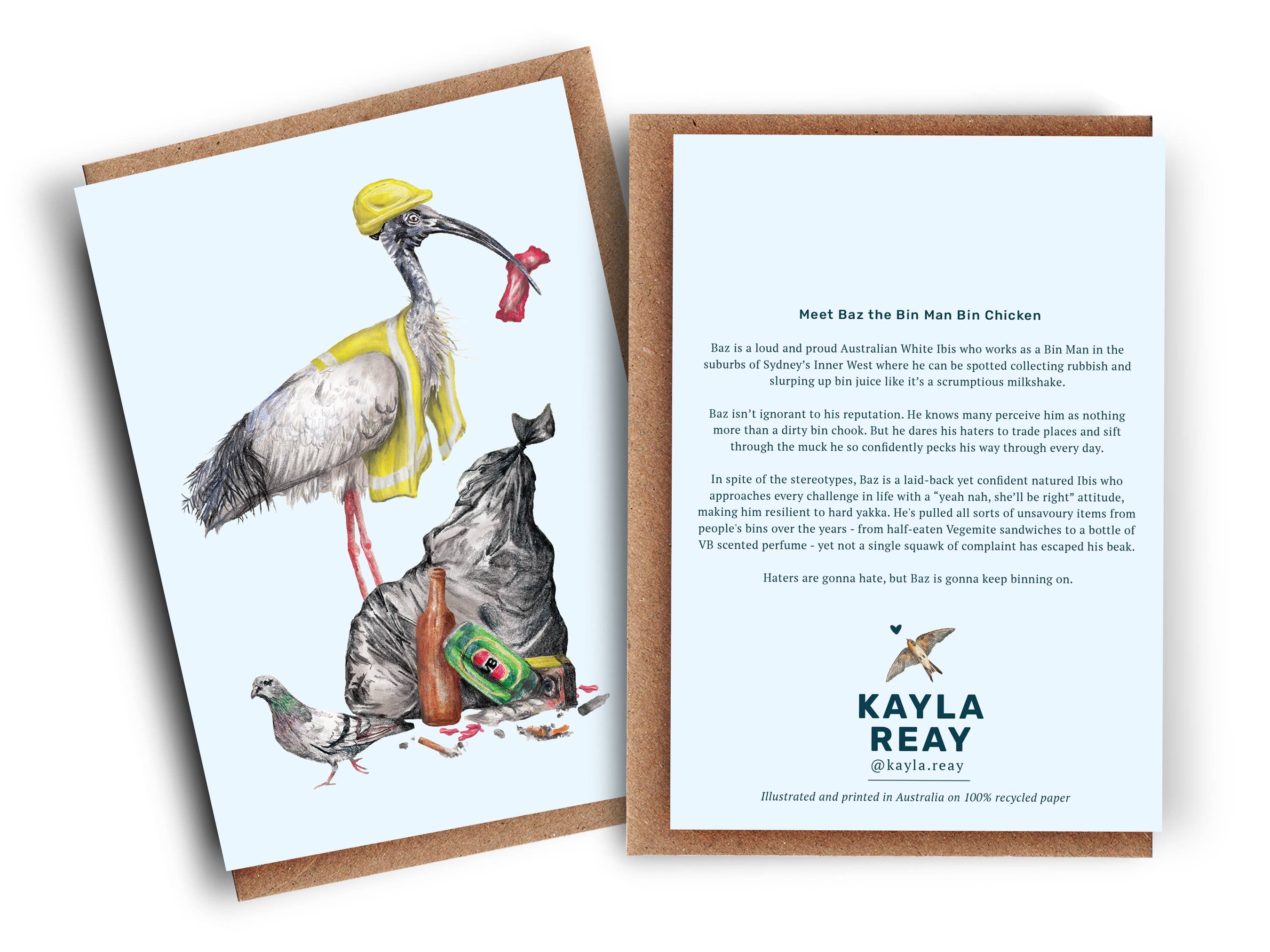 Kayla Reay Design - Vendita all'ingrosso Biglietti di auguri generici - Biglietto di Auguri Baz il Netturbino Pollo Spazzino - Arte Divertente con Animali3