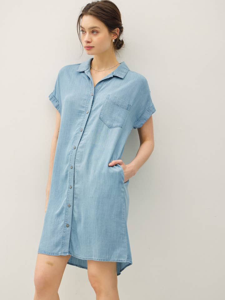 DENIM WASH BUTTON DOWN TENCEL DRESS for wholesale by Be Cool
