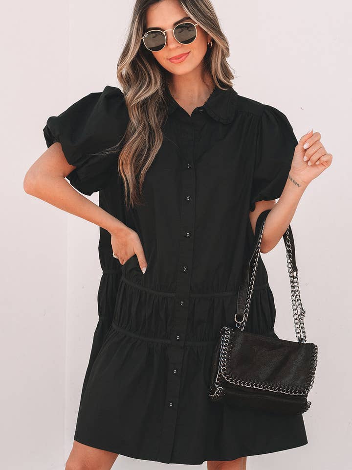 Black Shirt Style Button Down Puff Sleeve Ruffle Hem Dress for wholesale on Faire9