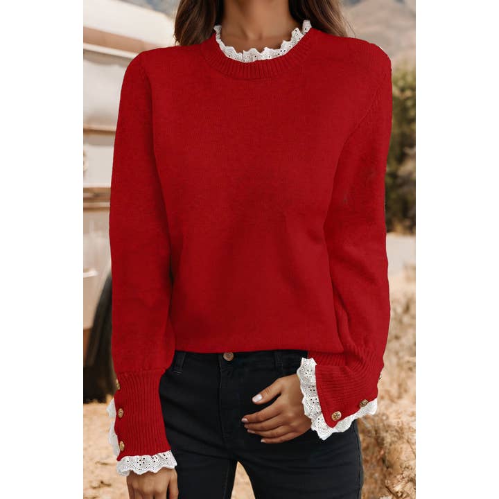 Fashion-W Lace Trim Patchwork Buttoned Cuffs Loose Sweater for wholesale by fashionworks