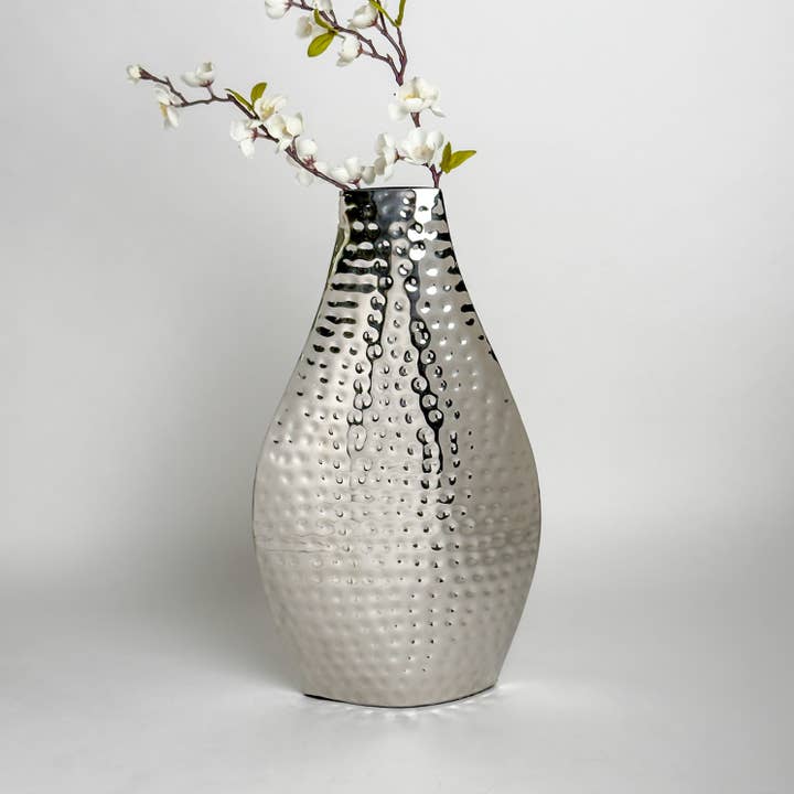 India Handicrafts Inc - Wholesale Vase - Elegant Silver Slim Hammered Vase