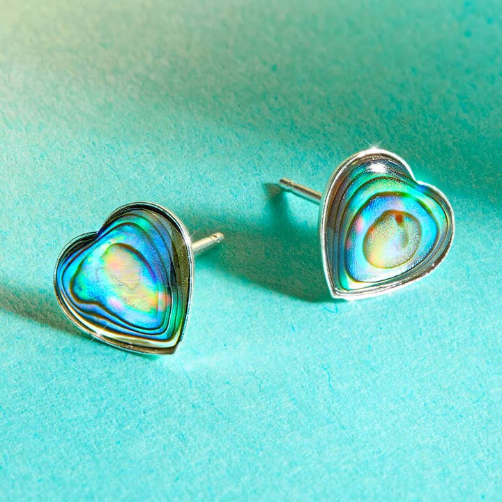 Abalone Shell & silver heart earring studs for wholesale by Lucent Studios Ltd