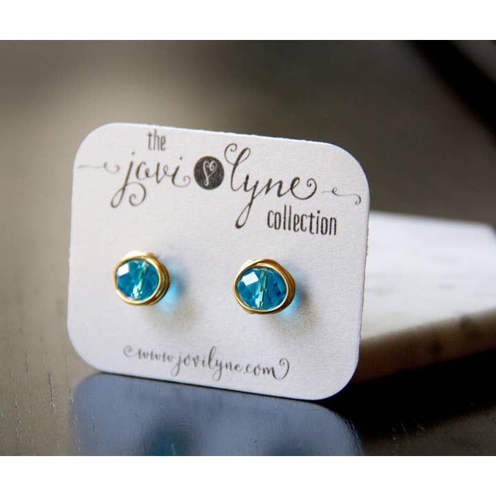 The Jovi Lyne Collection – wholesale Stud/post earrings – Aqua Blue Chinese Crystal Wire Wrapped Stud Birthstone Earrings - Gold1