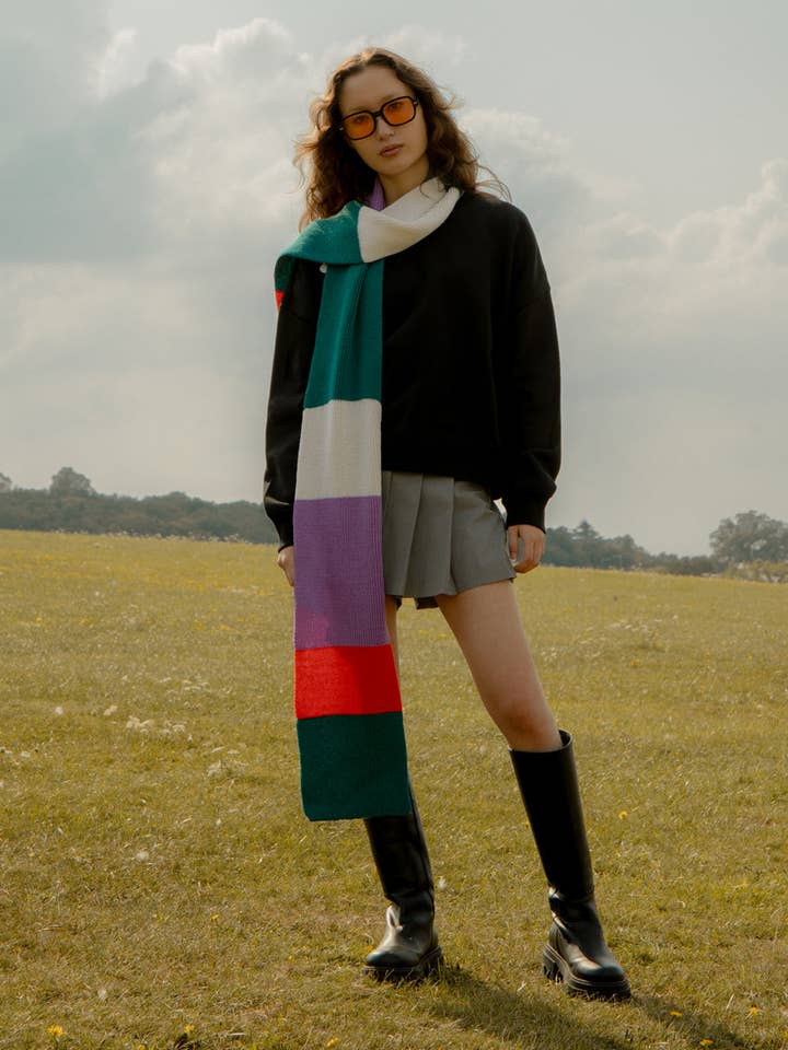 Sciarpa a blocchi di colore in lana e cashmere a coste lilla e turchese per la vendita all'ingrosso da parte di INGMARSON