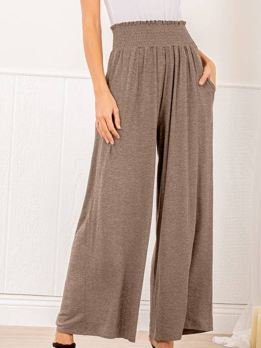 HEIMISH - Wholesale Pants - Women's - SP1123-10 FOLD OVER WIDE LEG SOLID PANTS WITH SMOCKED AND SI1
