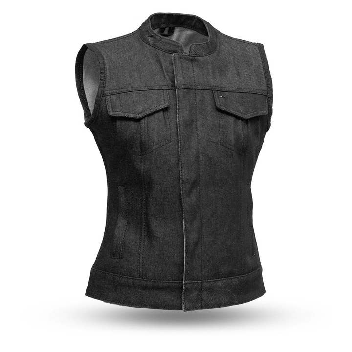 Gilet senza maniche in denim nero da donna Ludlow per motociclista per la vendita all'ingrosso da parte di USA Leather Shop