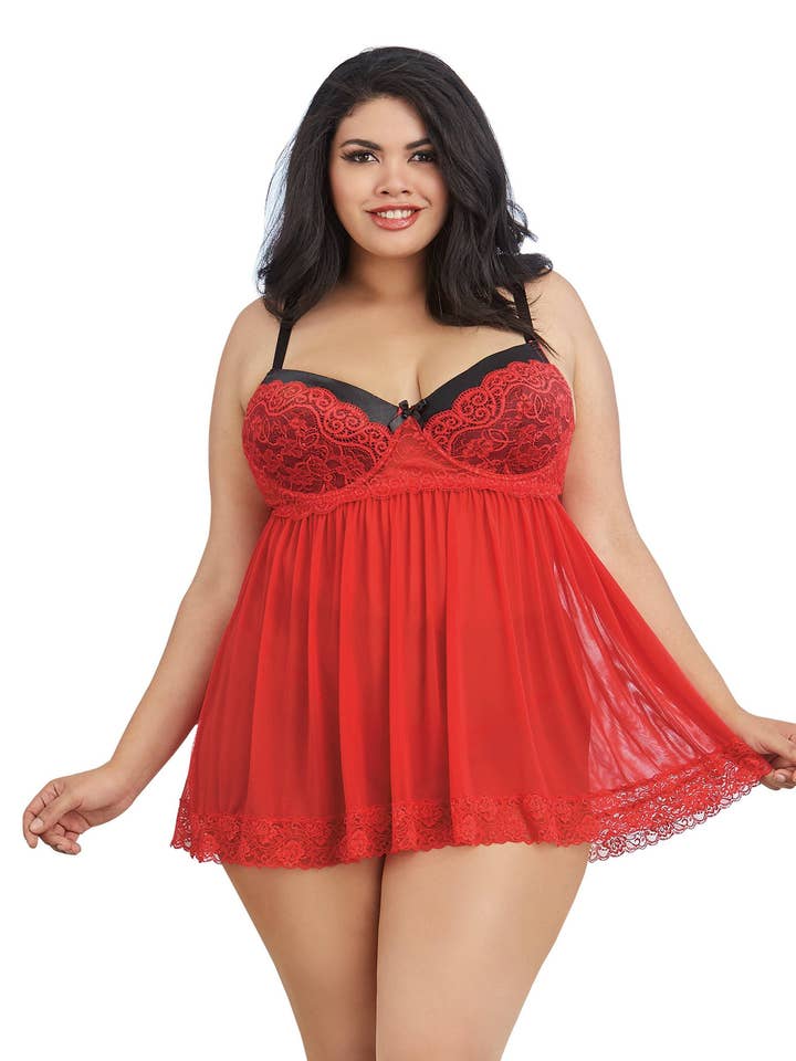 Chemise Babydoll Plus Size con rivestimento in pizzo a contrasto per la vendita all'ingrosso da parte di Dreamgirl International