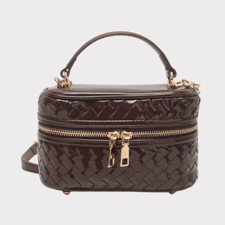 Small box bag, double zip, woven, patent, shoulder strap for wholesale by BESTINI