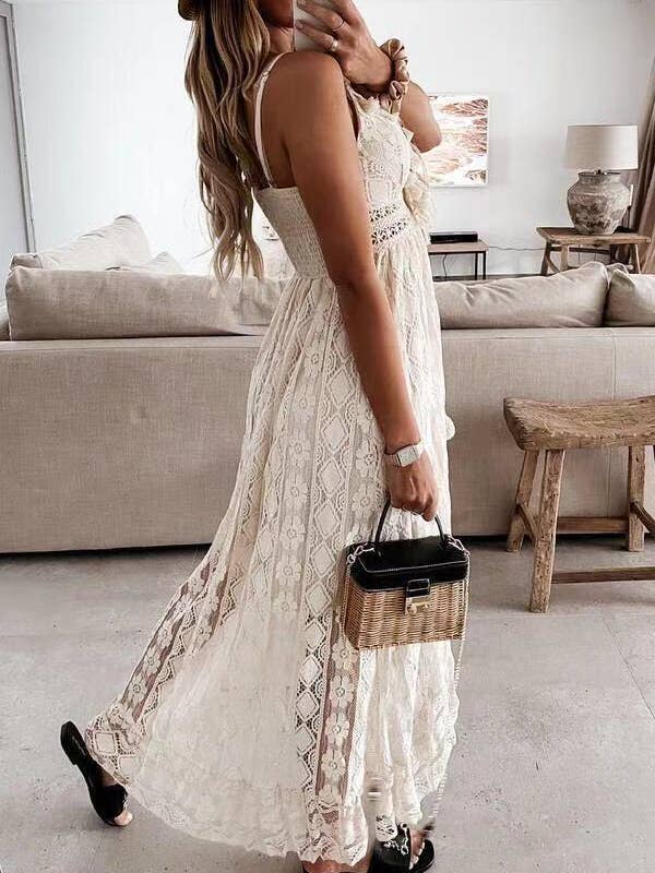 Rosa Clothing - Wholesale Dress - Women's - Boho Ecru Crochet Lace swing flare dress