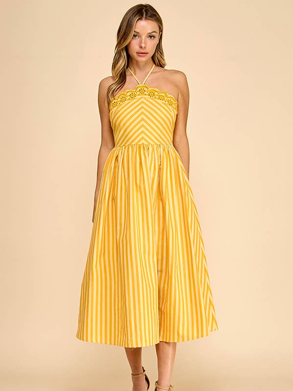 Scalloped halter neckline midi dress with embroidery detail for wholesale by BABY PINK