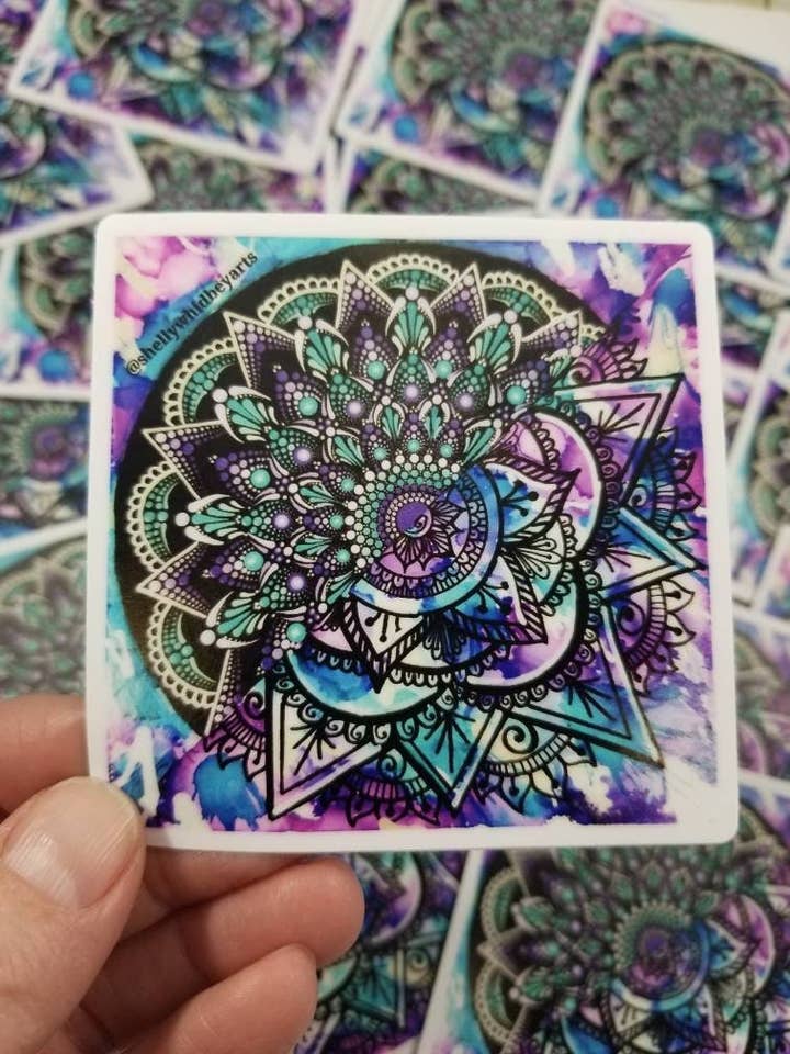 Half Traditional & Half Dot Mandala Sticker for wholesale by Shelly Whidbey Arts