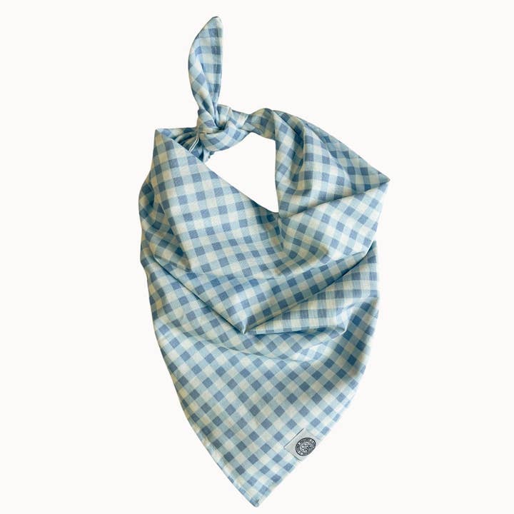 Sawyer Dog Bandana | Spring Blue Gingham Cotton Pet Scarf for wholesale on Faire