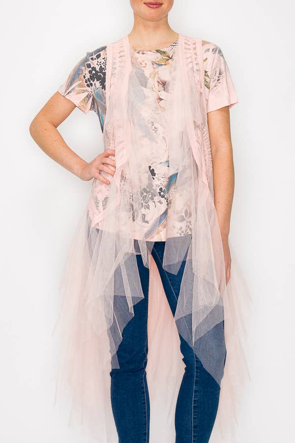 Origami Apparel ~  Lace and Crochet inspired - Wholesale Outerwear Vest - Women's - Embroidered Tulle Mesh Duster Vest- T4066PINK3