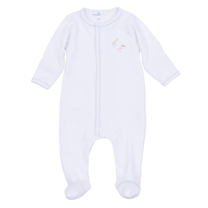 Vintage Stork Footie - Light Blue for wholesale by Magnolia Baby
