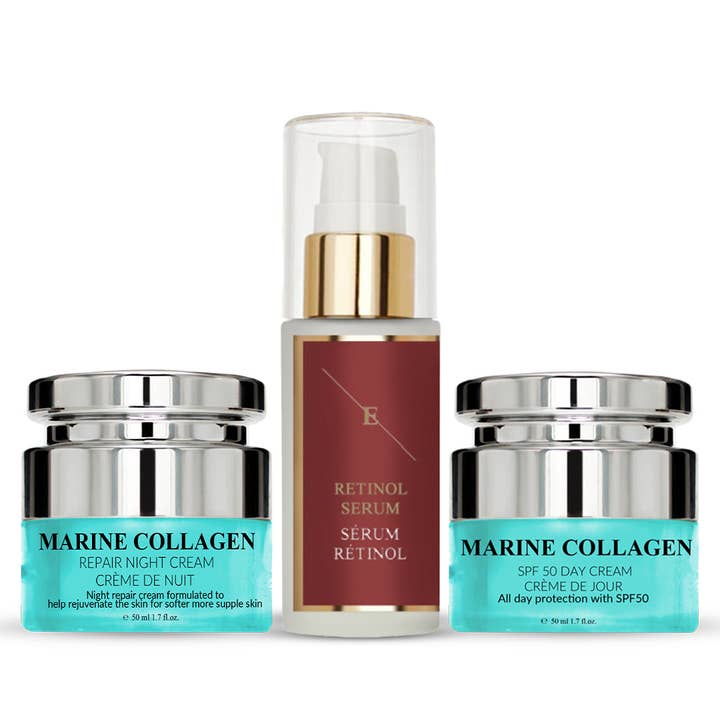 Retinol Serum 30ml + Marine Collagen Night Cream 50ml + Marine Collagen SPF50 day cream 50ml for wholesale by Eclat Cosmetic Ltd