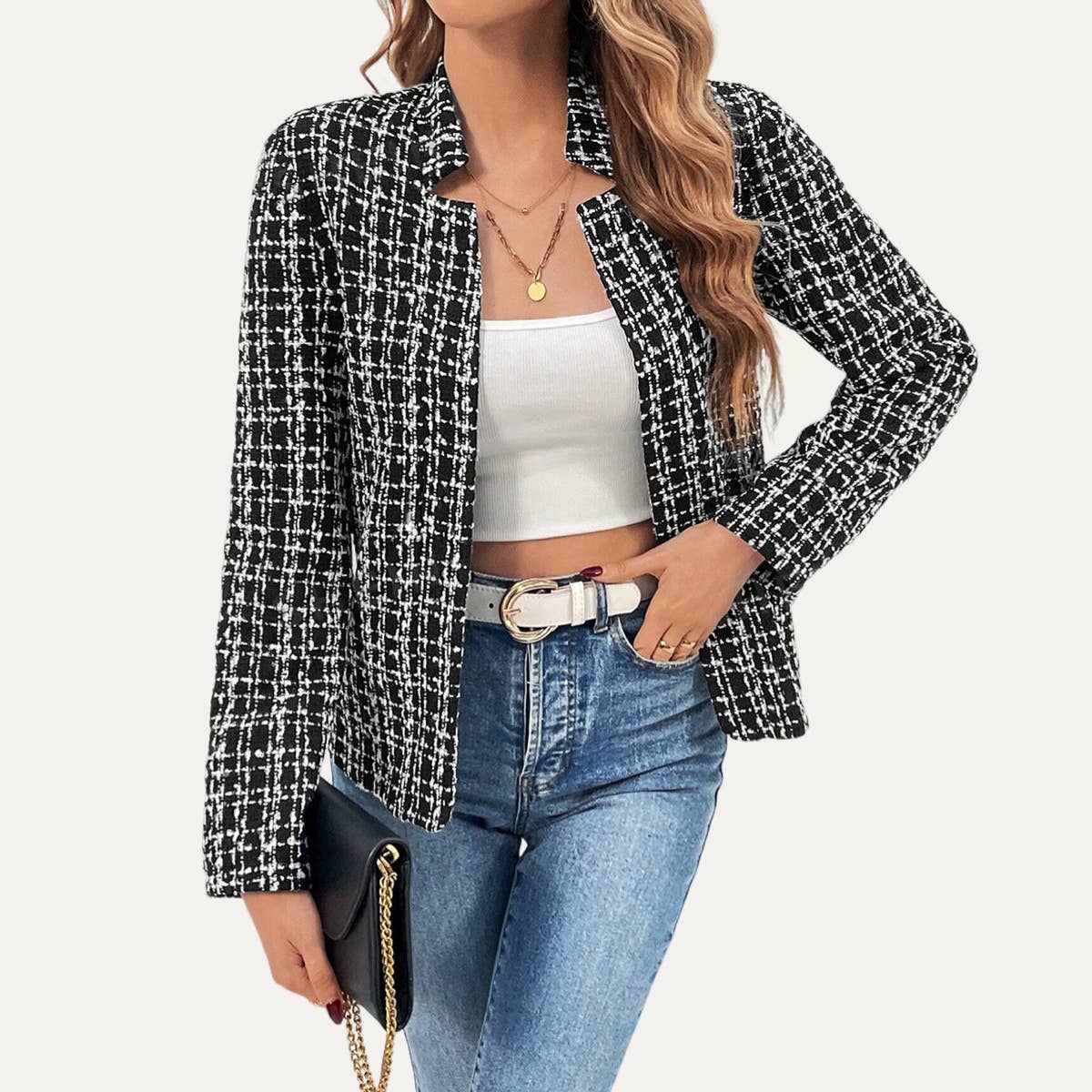 The Moment Collection – wholesale Blazer – Women's – Trendy Plaid Mock Neck Long Sleeve Open-Front Blazer 6