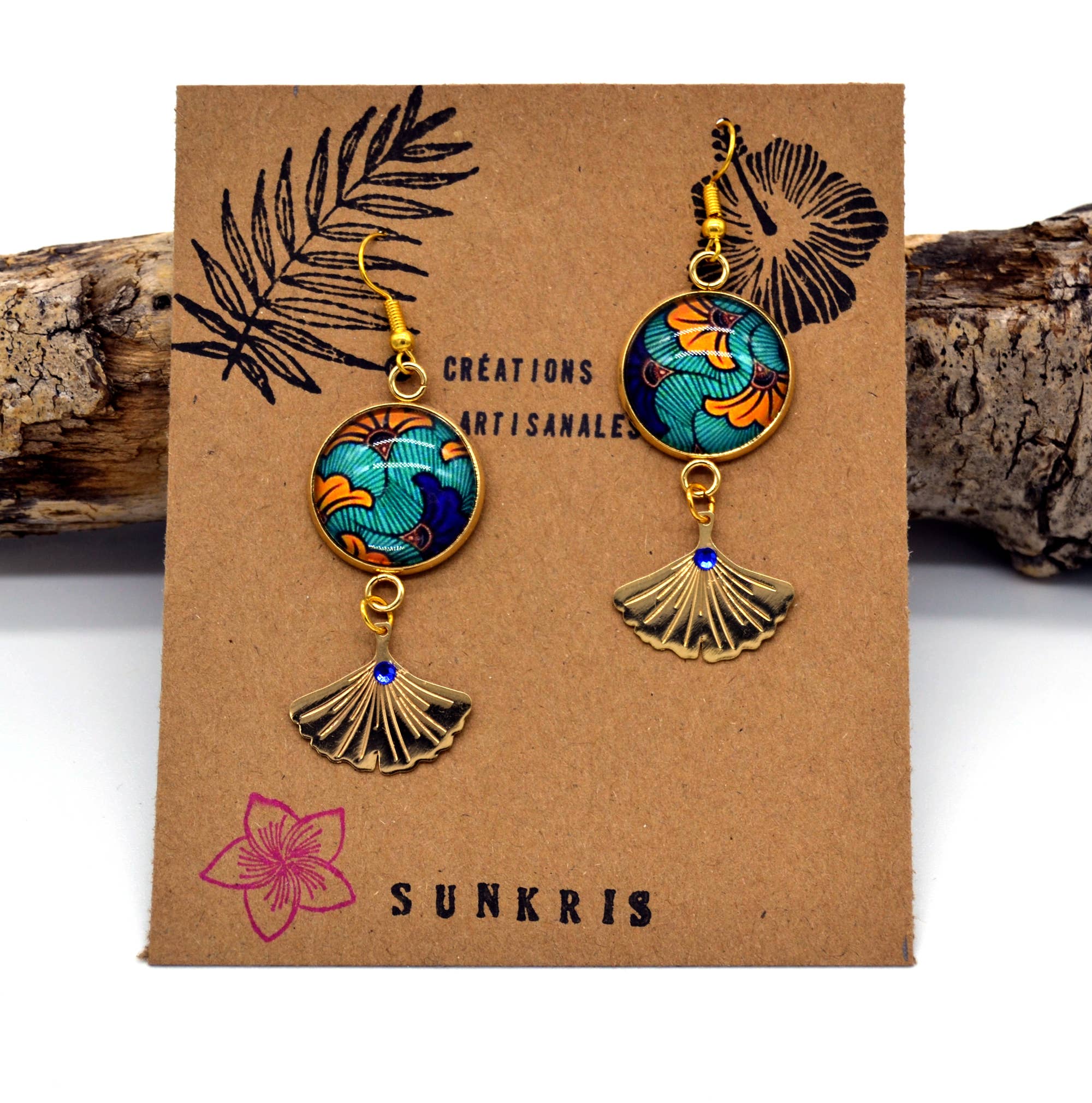 SUNKRIS - Wholesale Dangle Earrings - Ethnic wax orange blue gold ginkgo flower earrings3