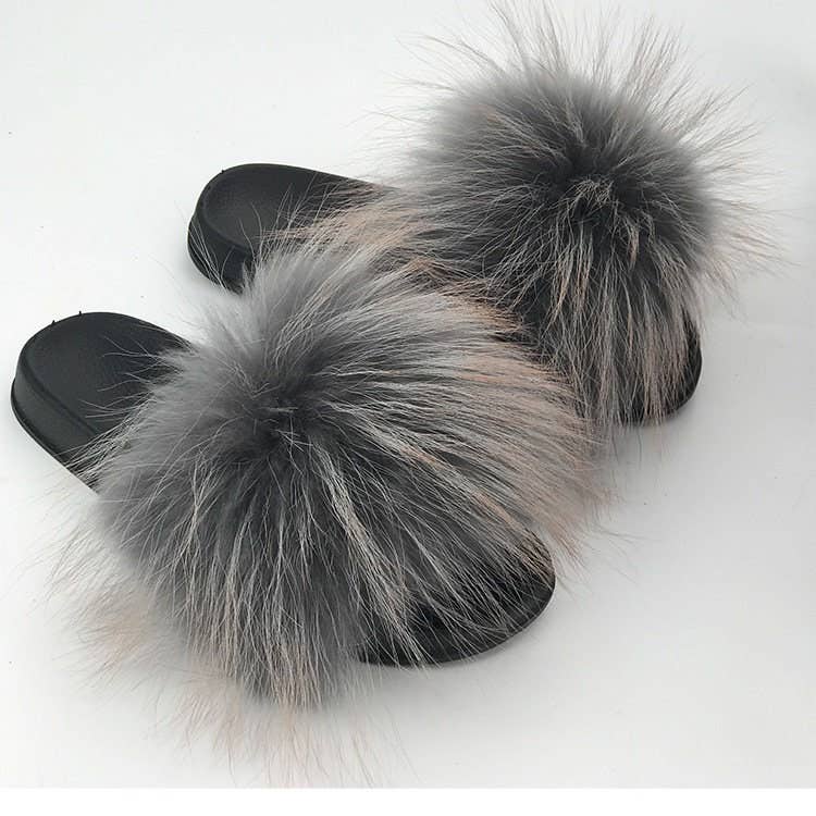 FurDecoration - Wholesale Slippers - Women's - Women Long Raccoon Fur Slides With Color Hair Tip Real Fur5