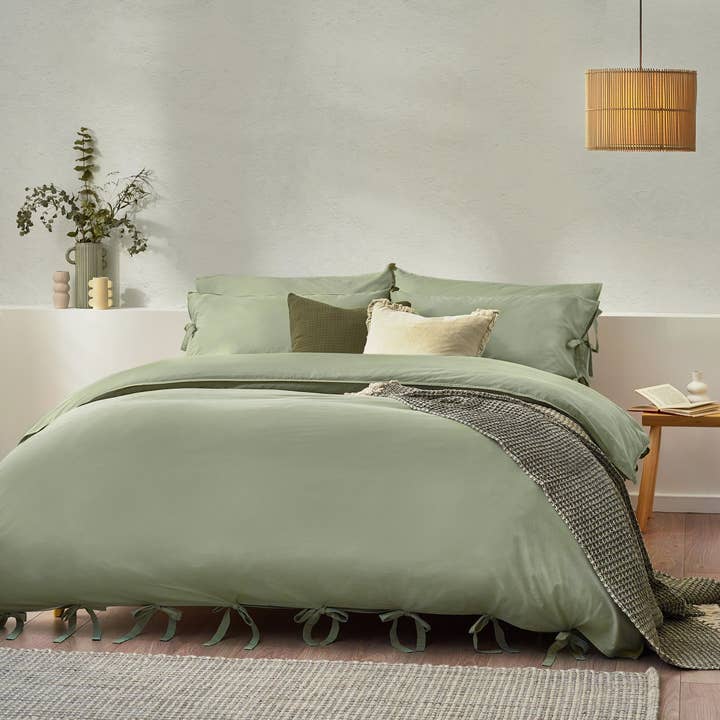 Mallow Bow Tie Duvet Cover Set Soft Sage for wholesale by Riva Home