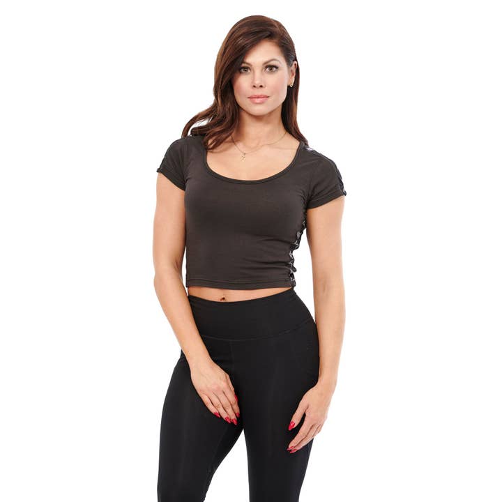 Nirva Stripe Short Sleeve Crop Top - Dark Grey for wholesale by FIT ARMY