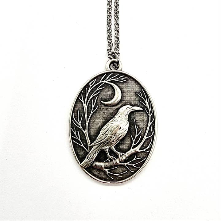 MergingMetals - Wholesale Pendant/Charm Necklace - Raven and Crescent Moon Antique Silver Pendant Necklace