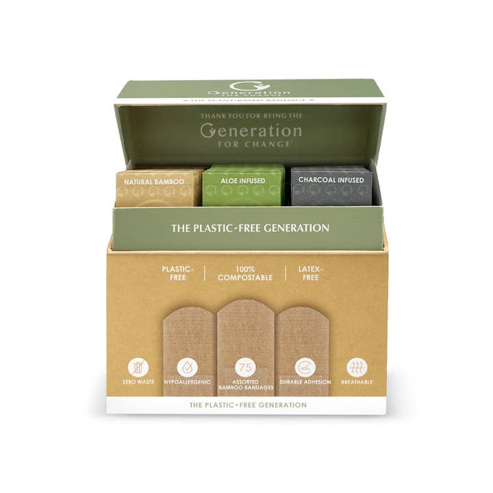 Generation For Change - Wholesale Bandaids/Bandages - The Plant-Based Bandage by Generation for Change | 75 Compostable Bamboo Bandages | Variety Pack - Aloe Vera, Activated Charcoal & Natural Bamboo | PFAS Free!