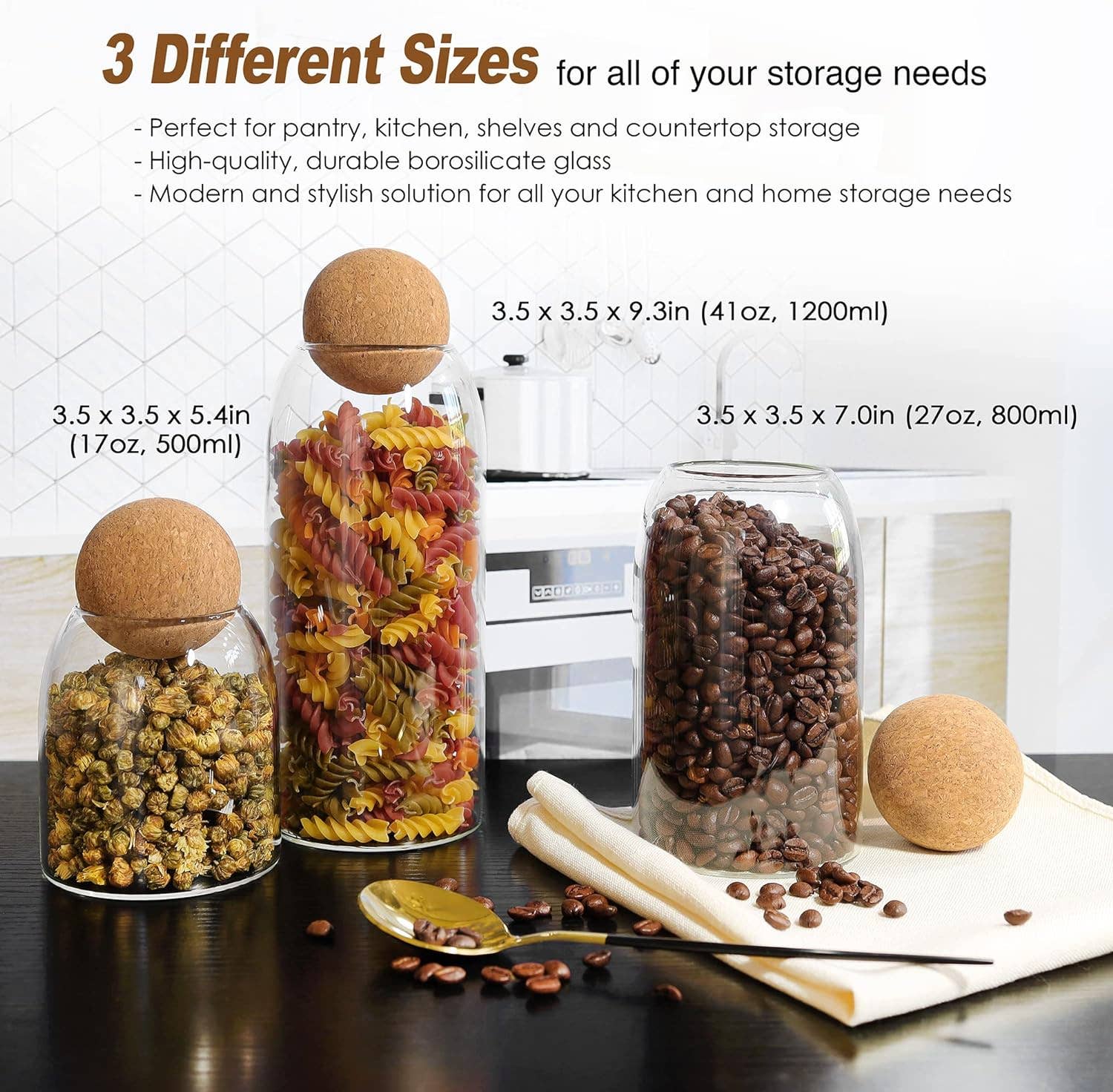 VIGOR – wholesale Jar – Glass Storage Jars with Cork Lid Ball 3 Pack, Clear Canister1