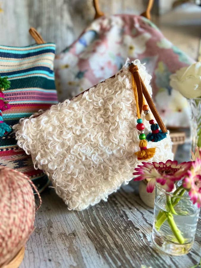 Vegan Fur Zipper Accessories Pouch Clutch w/ Tassel for wholesale by Atenti