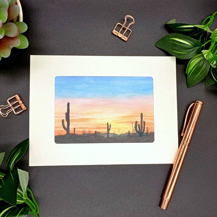 Saguaro cactus and desert sunset watercolor greeting card for wholesale by Kathryn Paul Fine Art