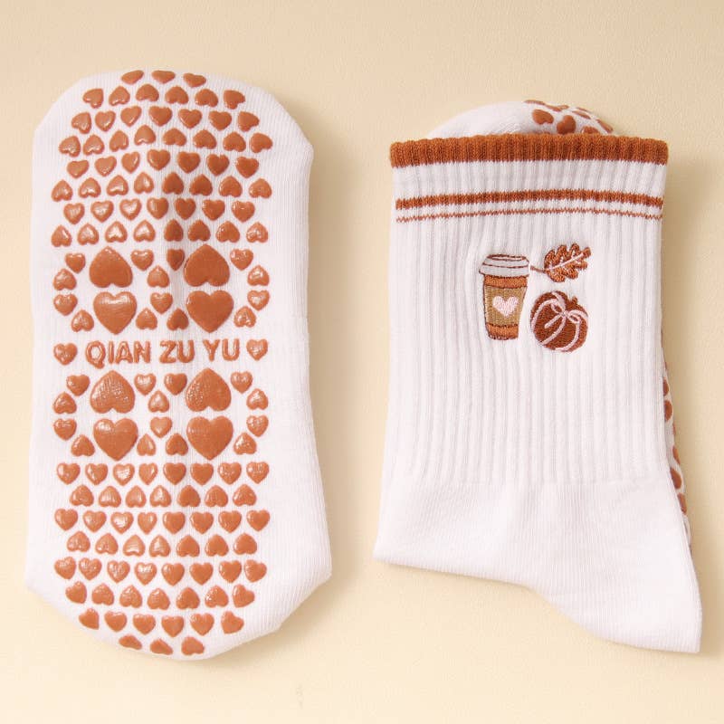 Fall Coffee Embroidery Grip Socks for wholesale on Faire1