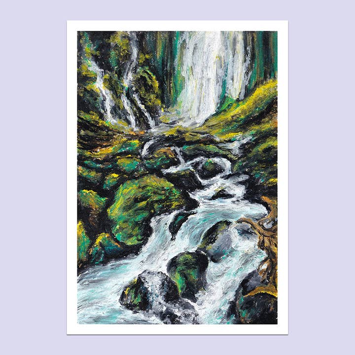 Mossy Cascades – A5 Oil Pastel Landscape Art Print for wholesale by Lucy Locks Art