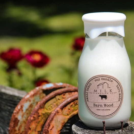 Milk Reclamation Barn - Vente Bougie en bocal - Bougie en forme de bouteille de lait Barn Wood (cèdre et muscade)3