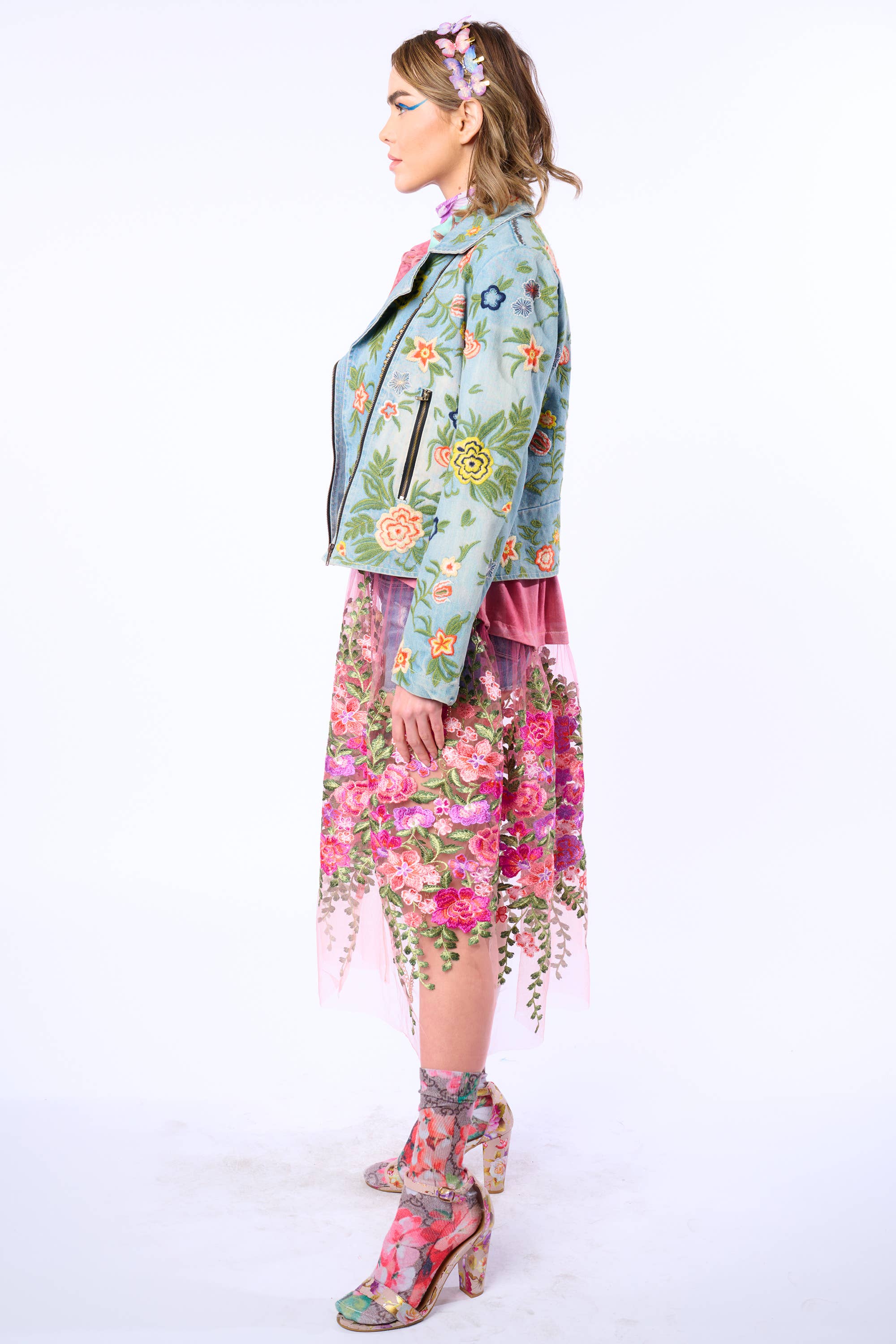 Lucinda Embroidered Denim Motorcycle Jacket for wholesale on Faire9