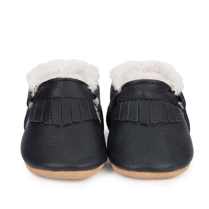 BirdRock Baby - Wholesale Booties - Baby - Sherpa Baby Moccasins - Leather Baby Shoes (Black and Tan)