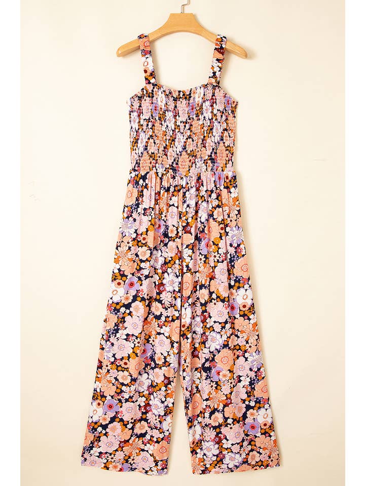 1 the Woman - Wholesale Jumpsuit - Women's - Spring Floral Print Smocked High Waist Square Neck Jumpsuit3