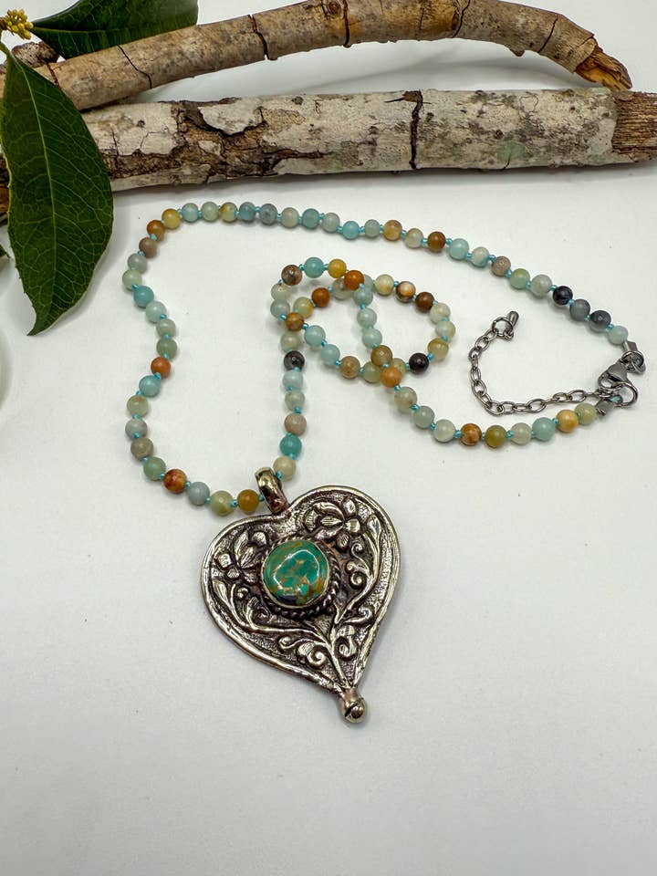 Spirit Lala Vintage Coin: Jade Heart Beaded Necklace for wholesale by SPIRIT LALA LLC