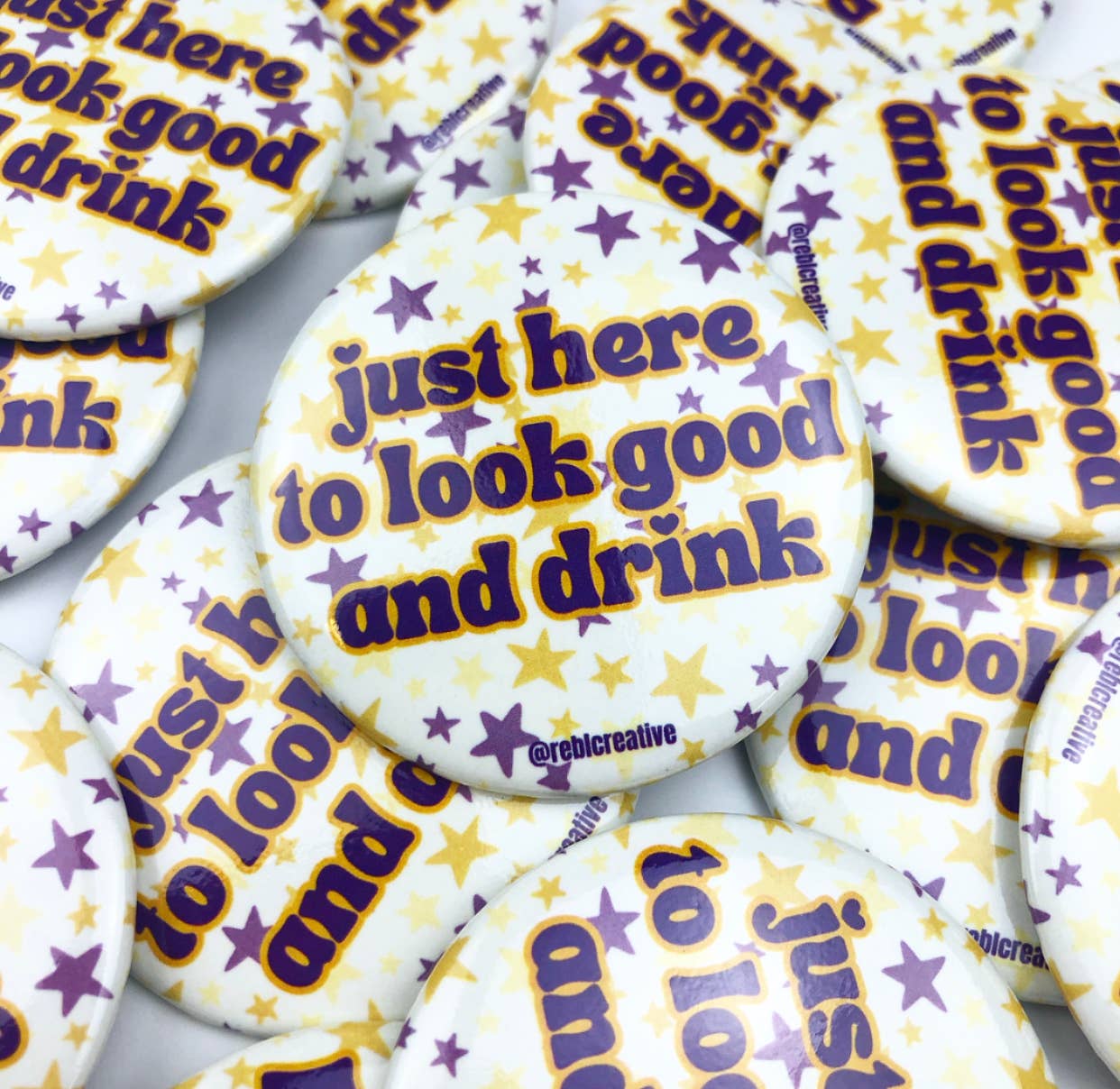 REBL Creative - Wholesale Lapel Pin/Button - Look Good & Drink - Purple Stars - Game Day Button2