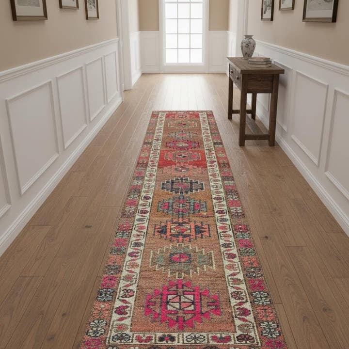 Alfombra Vintage Turca Oushak: Pasillo de Lana Rosa y Azul para venta al por mayor de MesopotamiaRugs