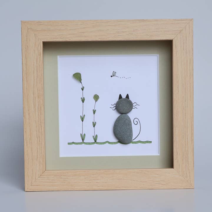 Driftsea Creations - Wholesale Art Print - Beach Rock Cat in a Sea Glass Garden1