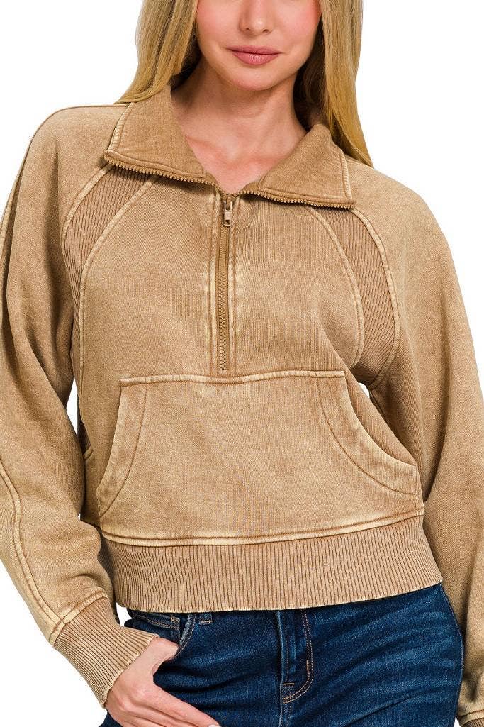 Vanilla Monkey – Sweatshirt - Mulher por atacado – Pulôver de lã com meio zíper lavado com ácido e bolso canguru9