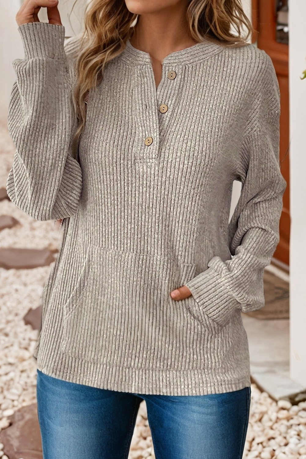 Little Daisy Closet - Wholesale Knit Top - Women's -  LDC Ribbed Texture Drop Shoulder Henley Knit Top1