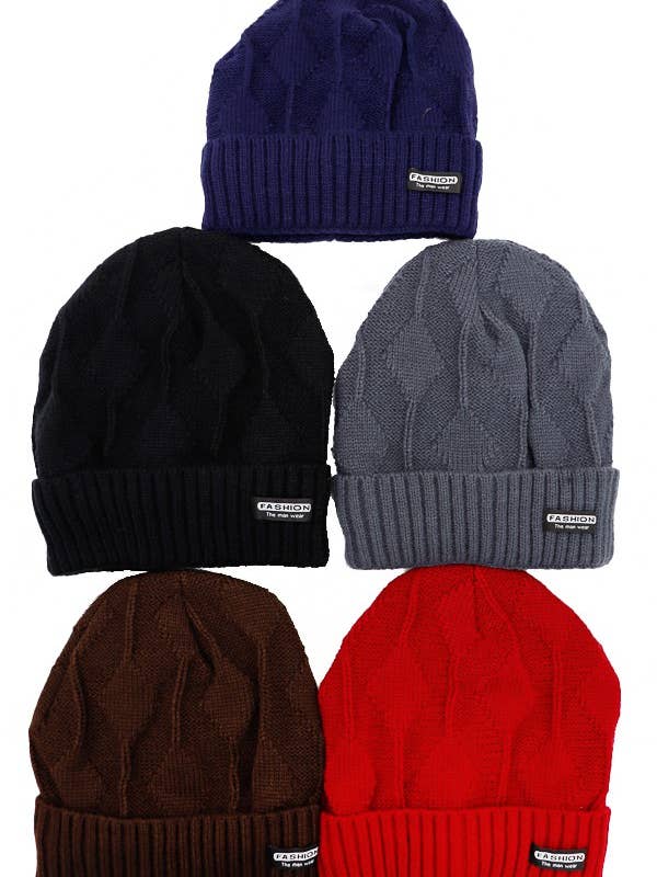 Diamond Ribbed Knit Sherpa Fur Lined Cuffed Beanies for wholesale by Cap Zone